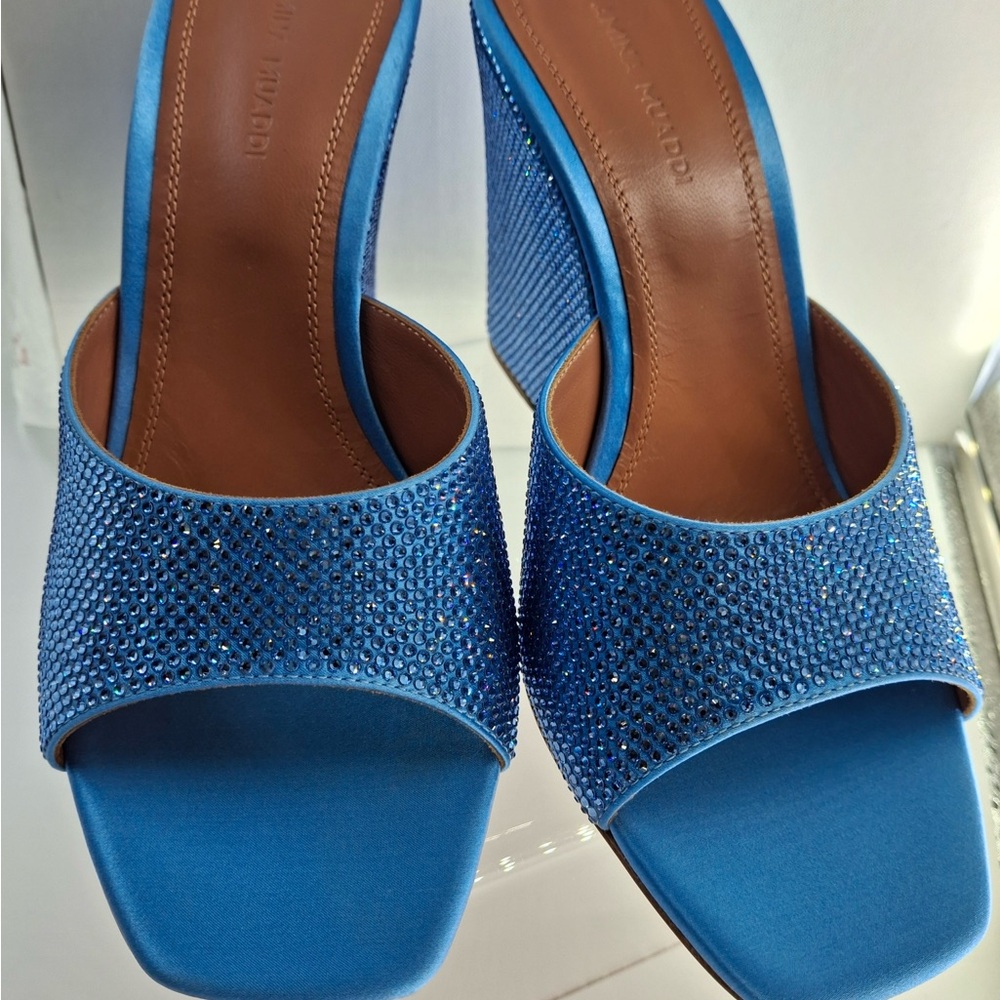 Amina Muaddi Blue Wedges